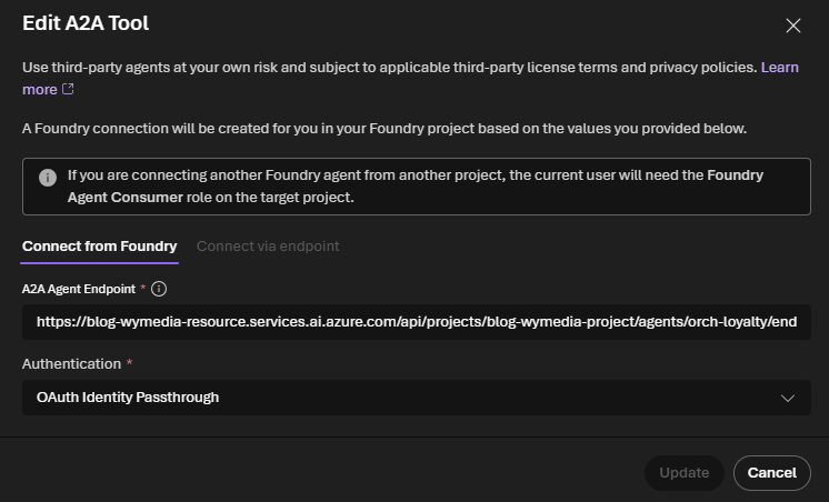 Configure the A2A endpoint and select OAuth Identity Passthrough.