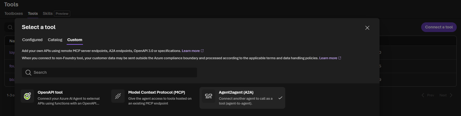 In Foundry, open Tools, Connect a tool, Custom, and select Agent2Agent (A2A).