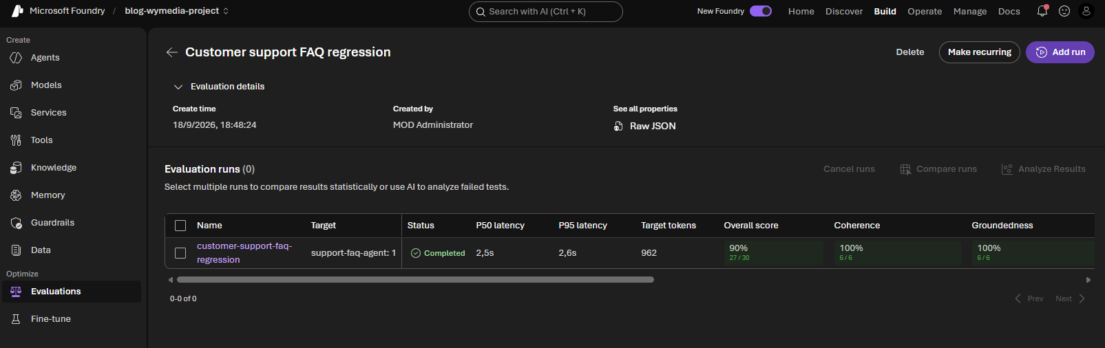 Evaluation runs list showing one completed run with 90% overall score, P50/P95 latency, and per-criterion pass rates