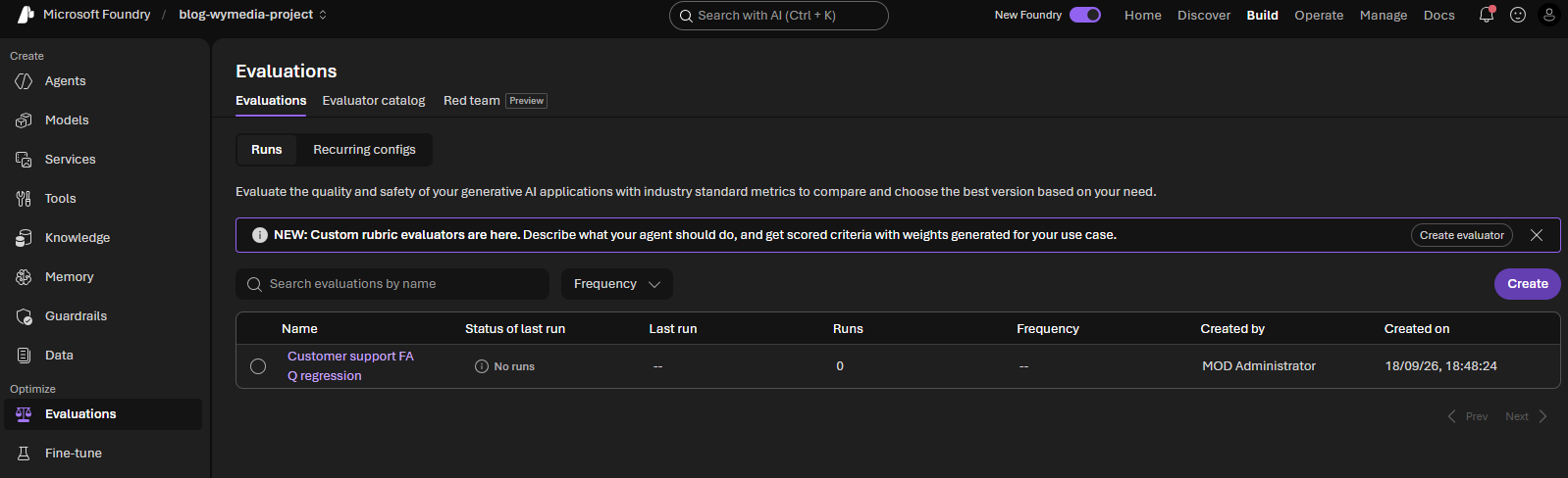 Evaluations list showing the Customer support FAQ regression evaluation with no runs yet