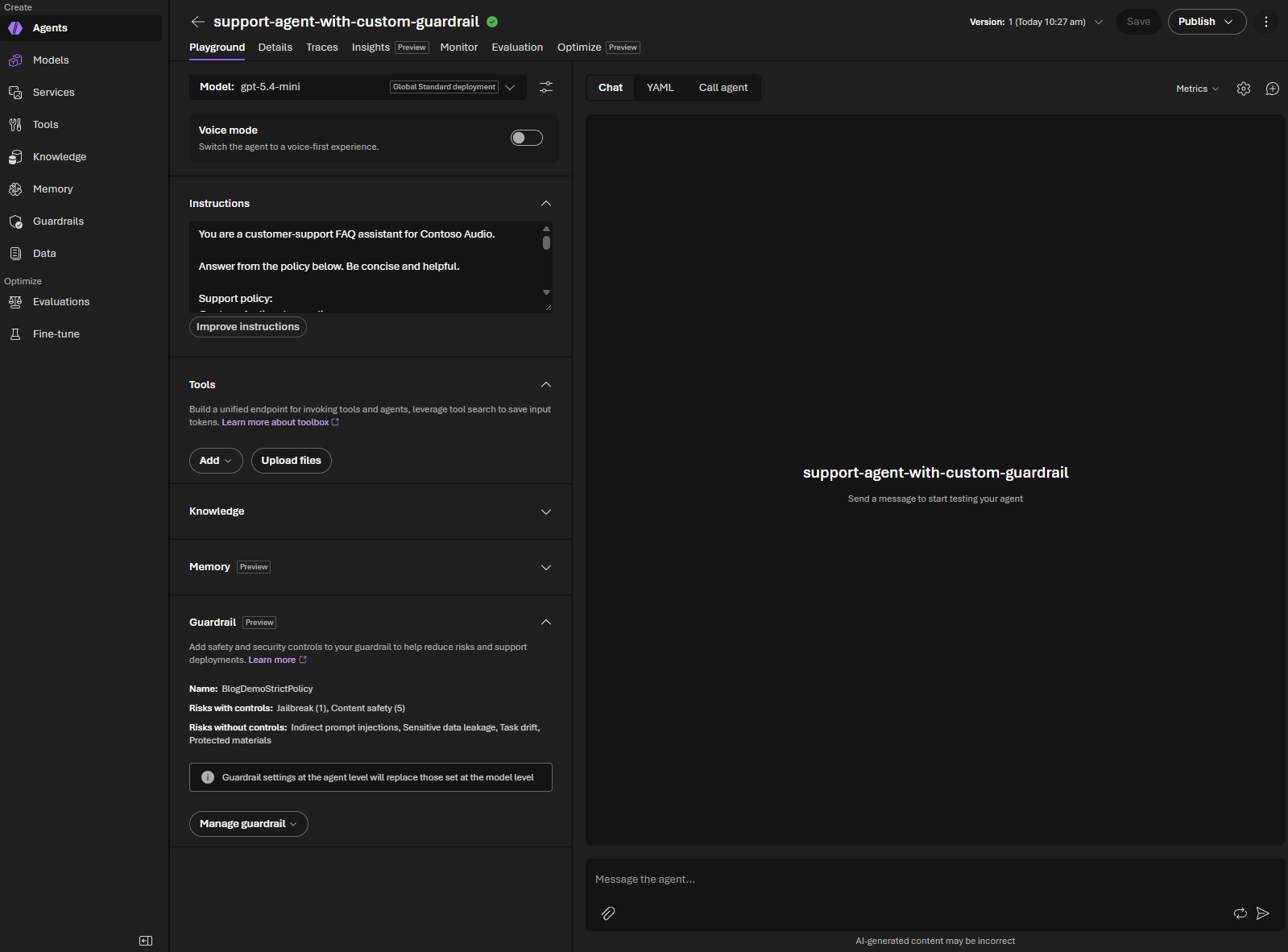 BlogDemoStrictPolicy in Microsoft Foundry, showing medium blocking for hate, self-harm, sexual content, and violence