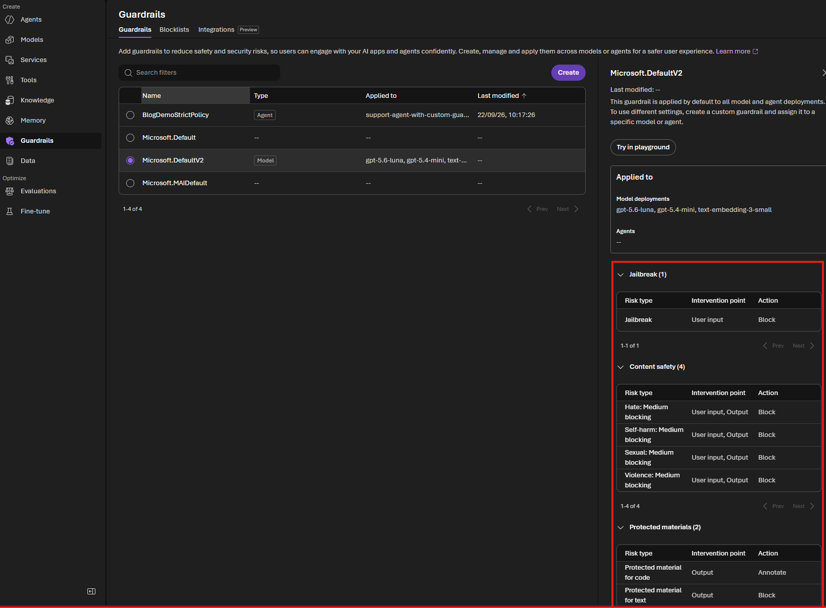 Microsoft.DefaultV2 in Microsoft Foundry, showing that it is applied by default to model deployments and agents