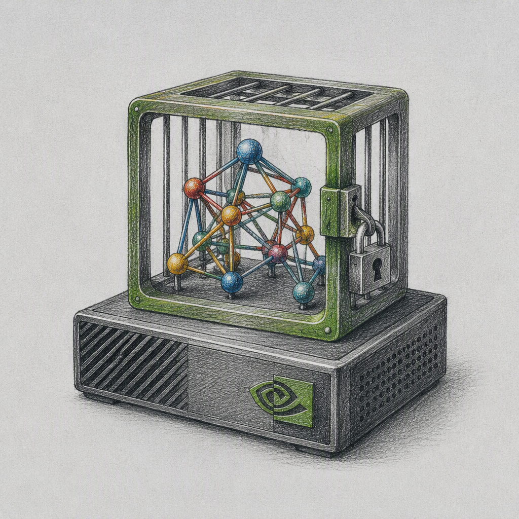 Editorial cartoon accompanying “Nvidia launches open-weight Nemotron models for enterprise agents and local AI PCs”.