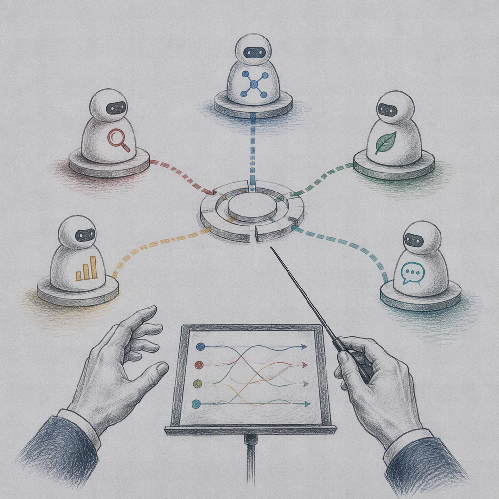 Editorial illustration for “Orchestrating Multiple Agents”.