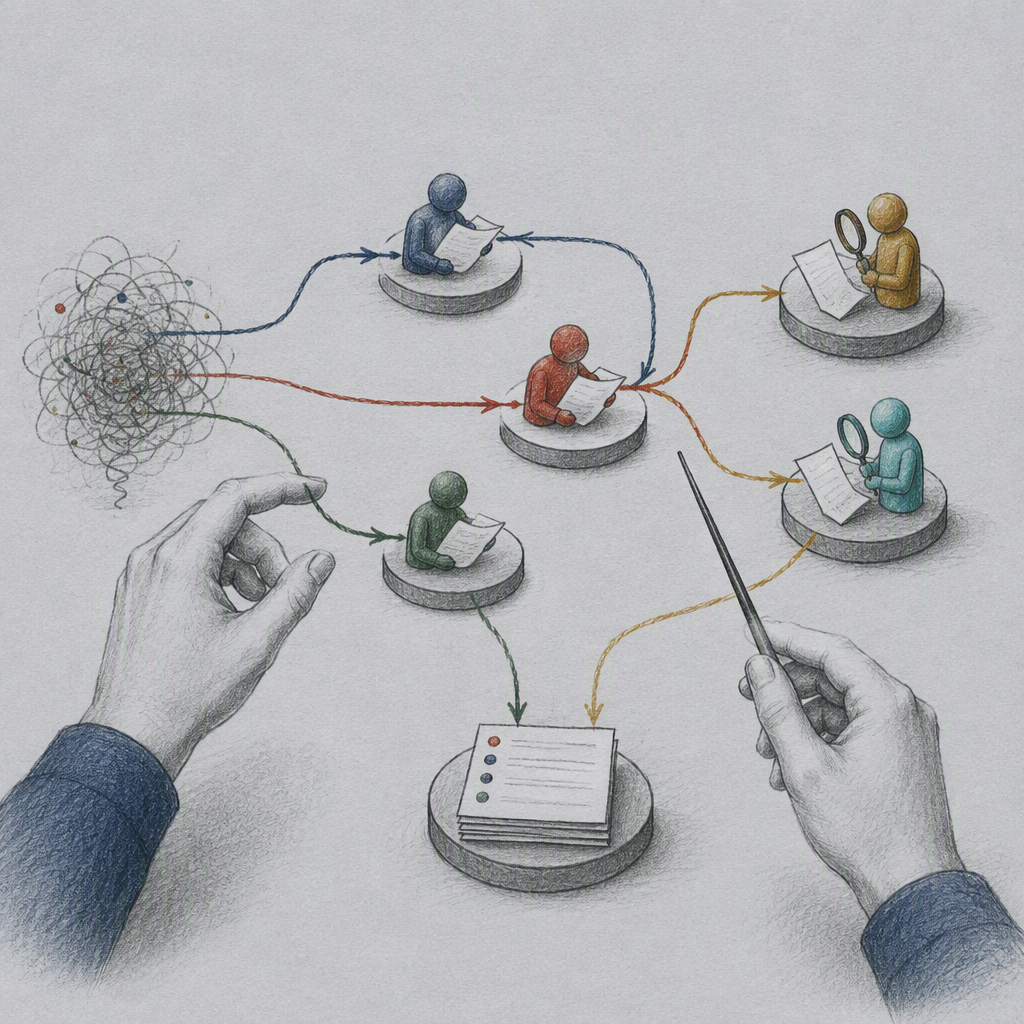 Editorial illustration for “Manual Multi-Agent Orchestration with Prompt Agents”.