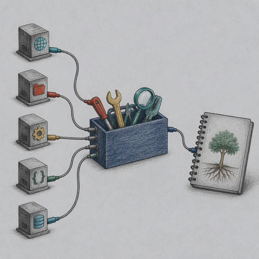 Editorial illustration for “MCP servers, tools, toolboxes, and memory”.