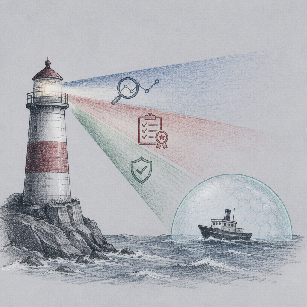 Editorial illustration for “Observability, evaluations, and guardrails”.